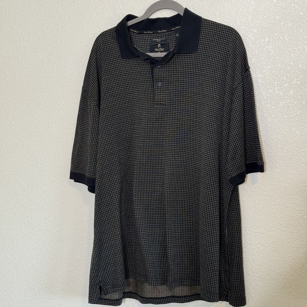 Gary Player Polo‎ Shirt Mens 2XL 60s Double Mercerized Cotton Black Tan Print